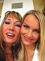Lovely blonde babes get fucked doggystyle and then share cum while kissing